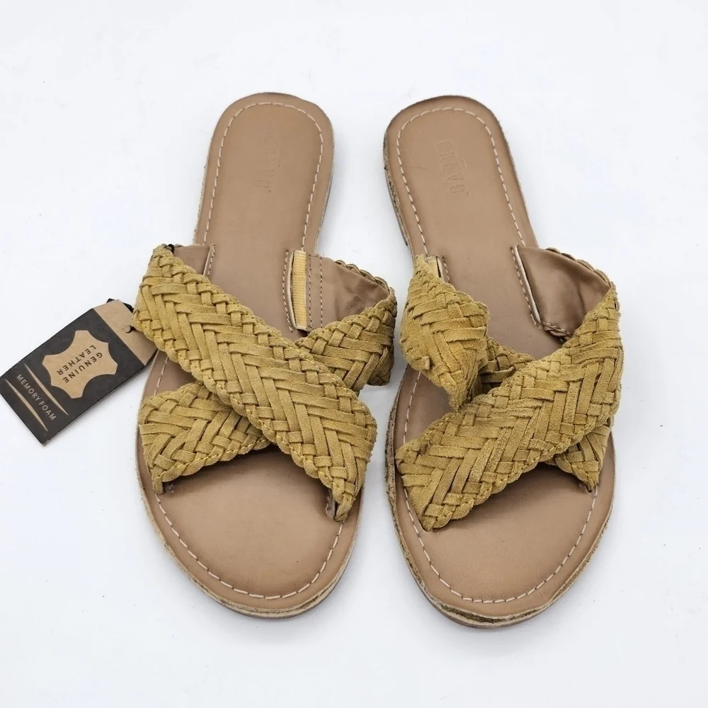 NEW Crevo Yellow Leather Braided Woven Criss Cross Flat Slide Sandals Size 7